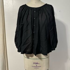 Doen classic cotton Black Button-Up Women's Top breezy puff sleeve